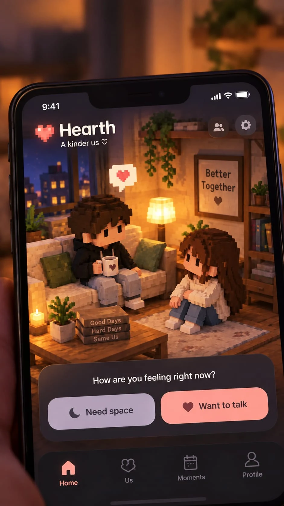 Hearth concept phone mockup with two voxel characters and Need space and Want to talk choices.