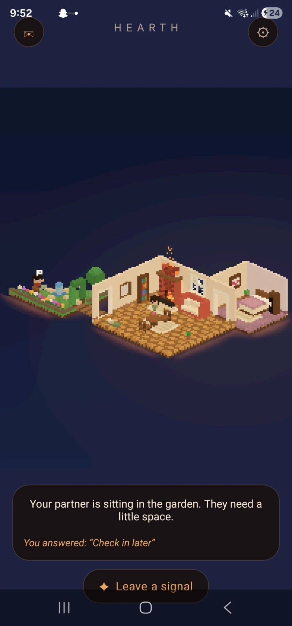 Hearth shared pixel-art home at night, with a message that a partner needs space and a Leave a signal action.